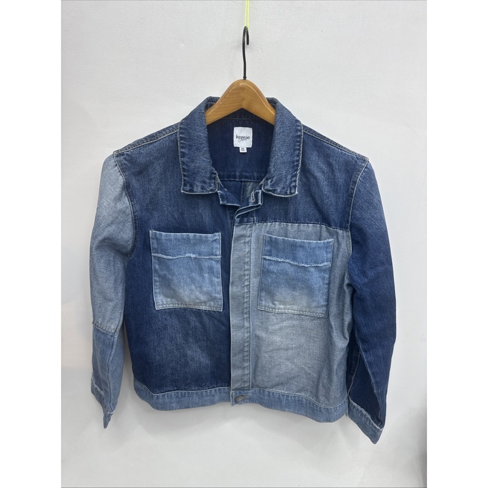 Kensie Jeans Denim Hooded Jean Jacket Size XL Custom Dark And White Wash Pattern